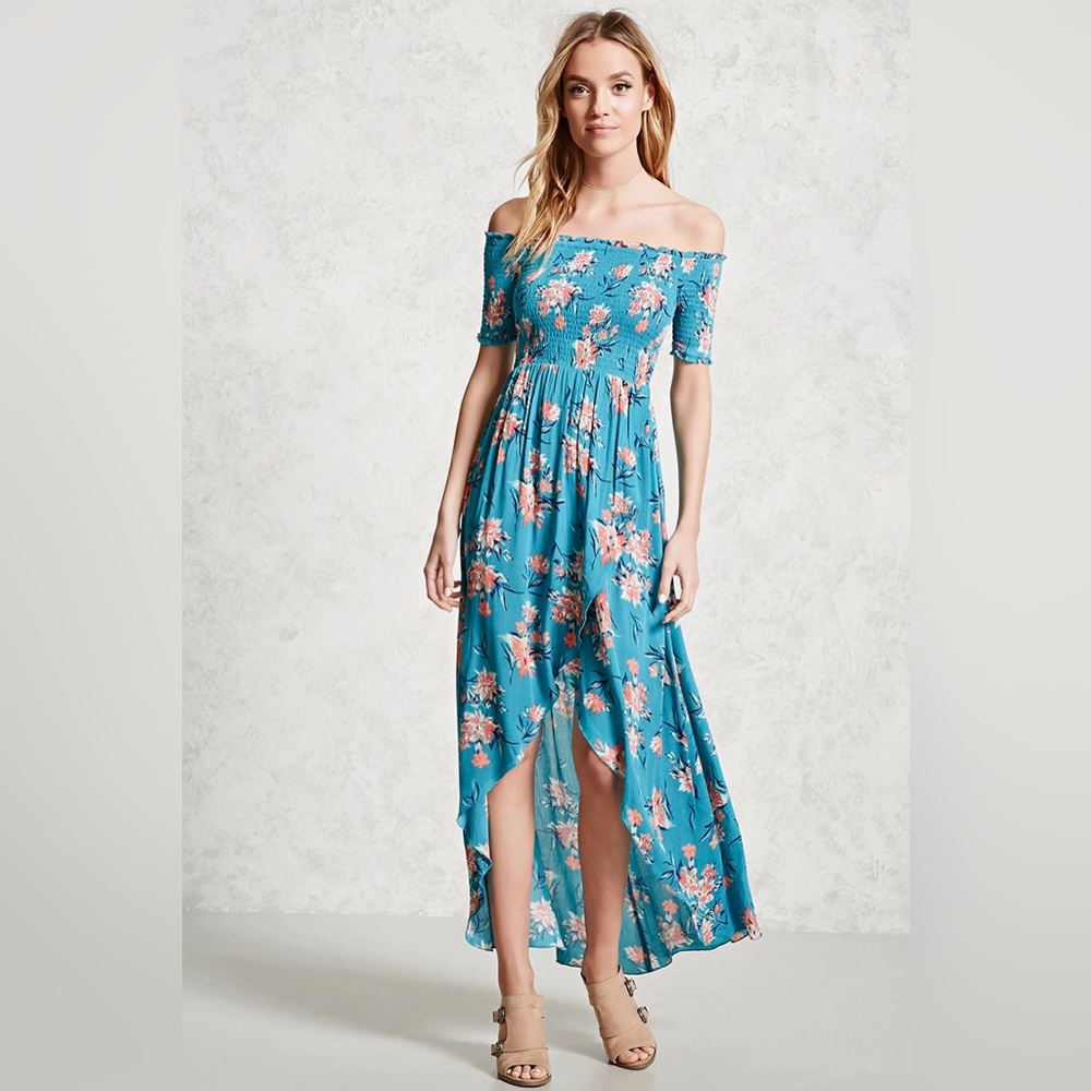 NWT Forever 21 Turquoise Floral Smocked High-Low Maxi Dress